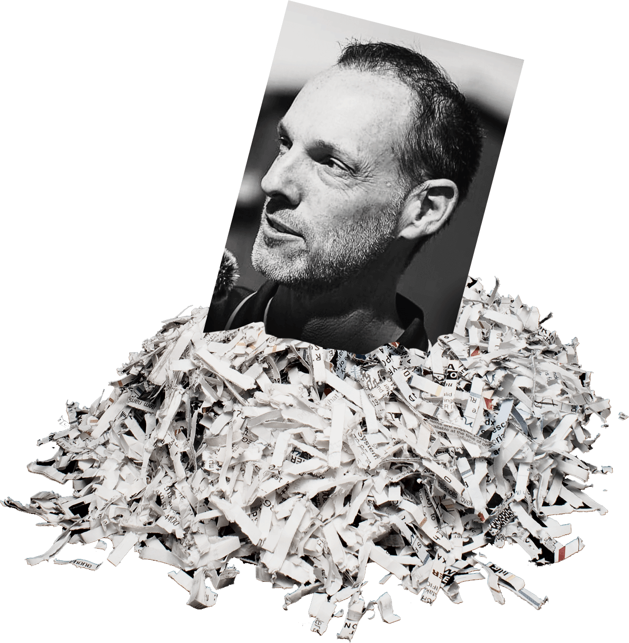 Justin Jones headshot on top of a pile of shredded paper